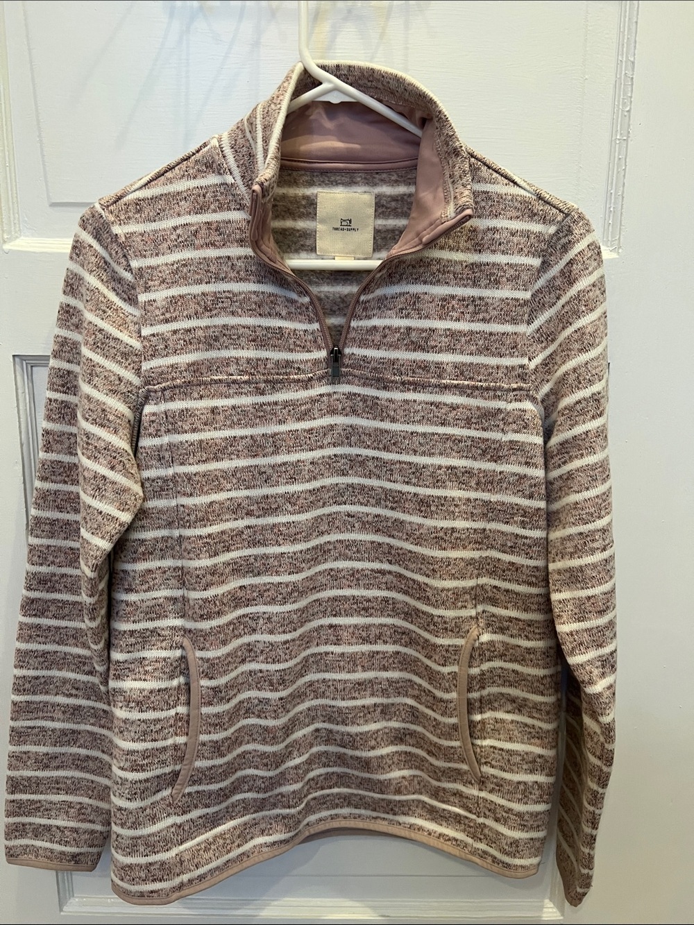 Striped Quarter-Zip Pullover- Pink & White Striped - Picture 2 of 7